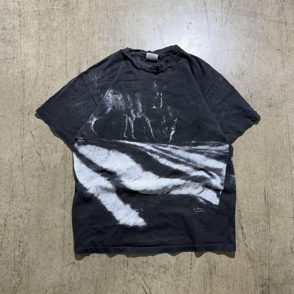 Vintage Hanes Beefy-T Wolf Shirt Mens Large Black Double Sided Graphic 1992 90s